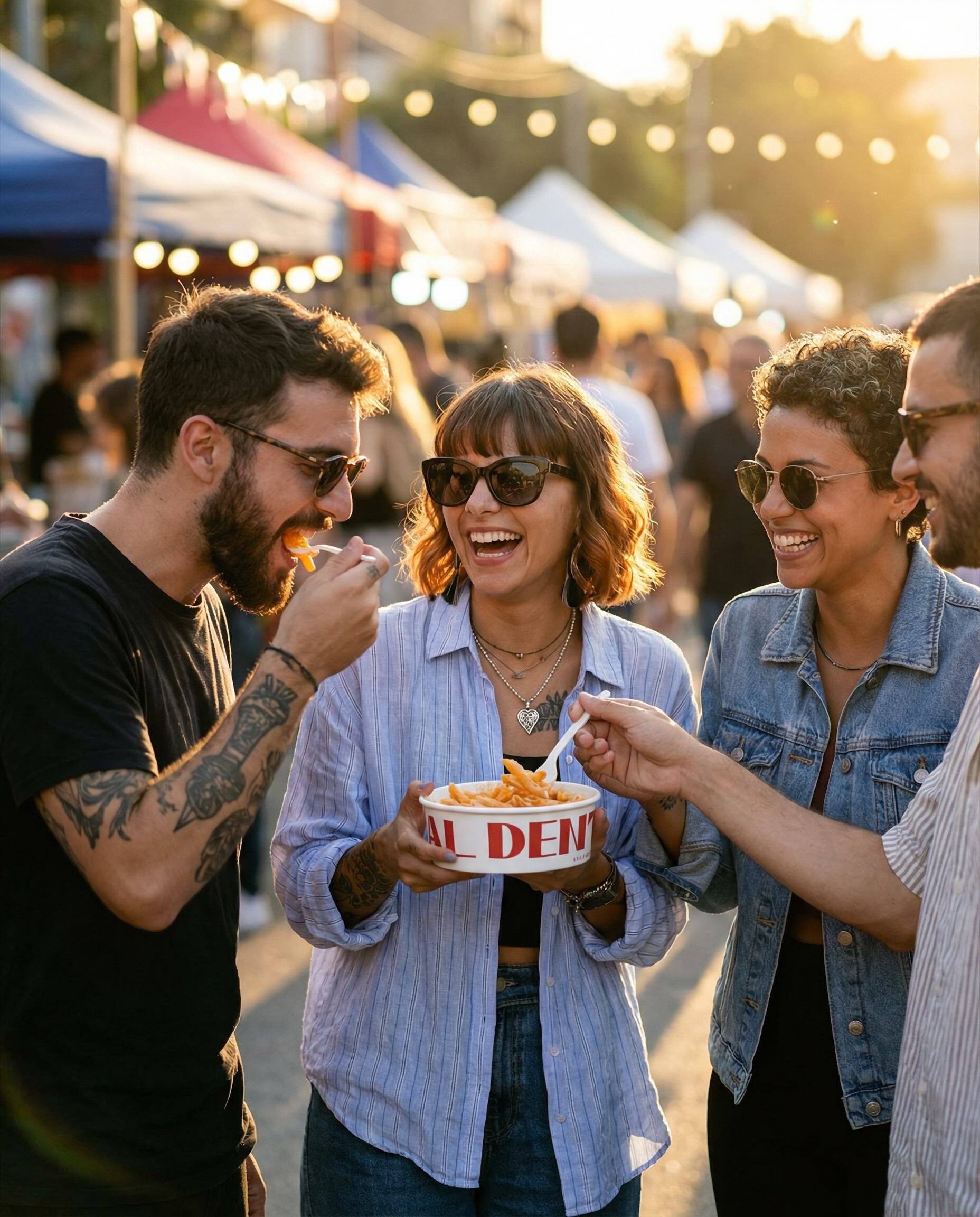 Friends sharing a bowl of Al Dente pasta at an evening market