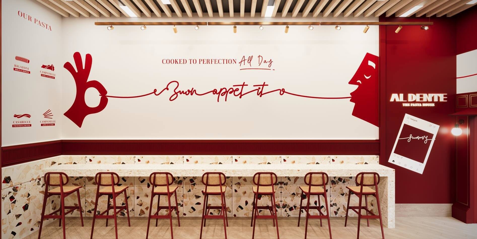 Al Dente dining room with the Buon appetito wall graphic